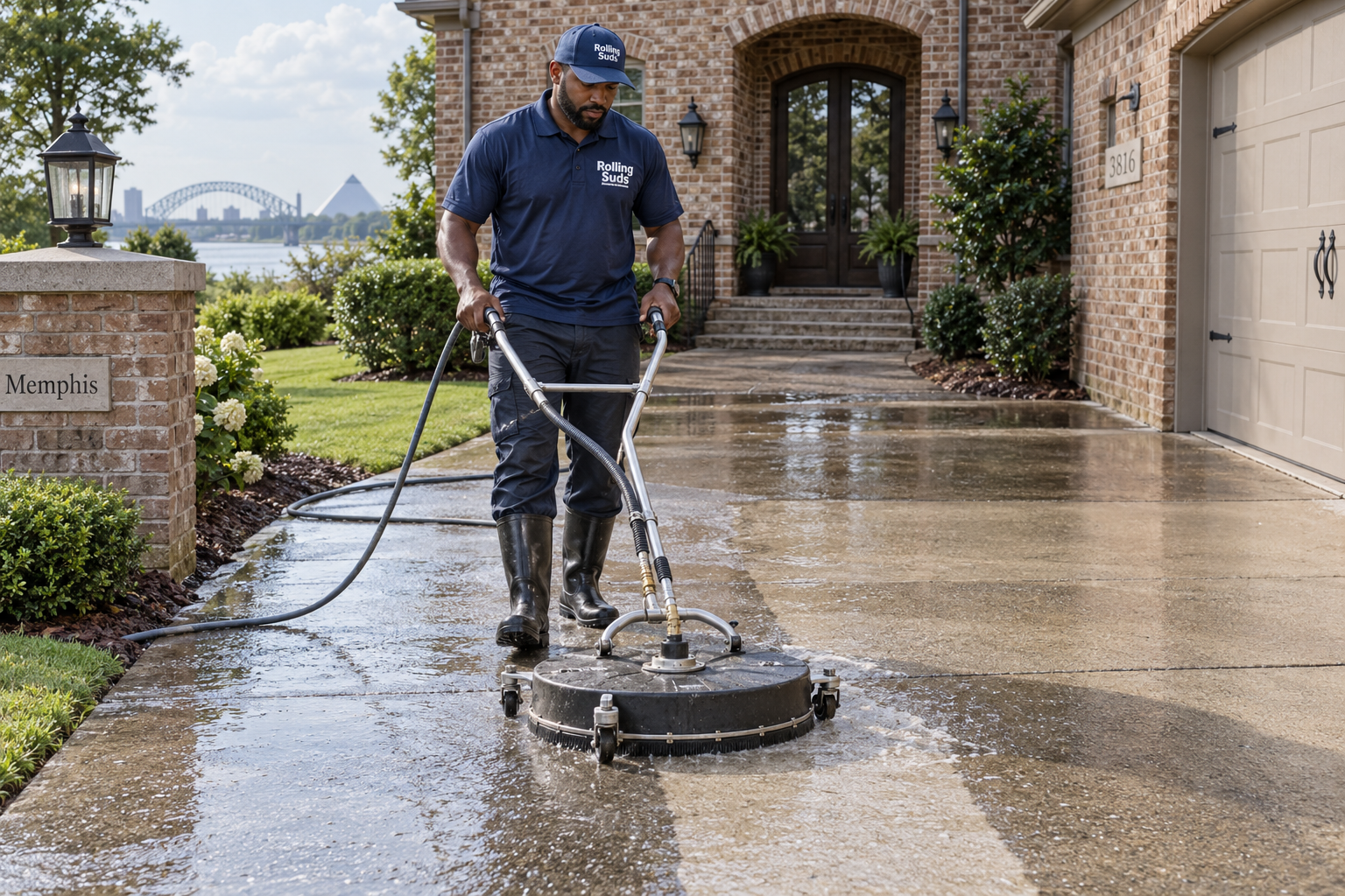 Illustrative scene of a technician cleaning a home’s concrete driveway with a rotary surface cleaner