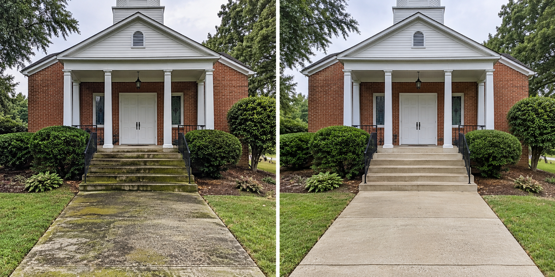 Illustrative before and after comparison of church entrances, showing buildup on the left and a cleaned surface on the right