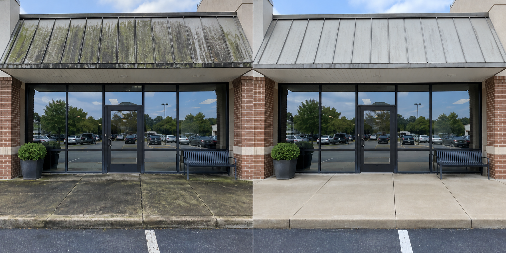 Illustrative before and after comparison of storefronts & sidewalks, showing buildup on the left and a cleaned surface on the right