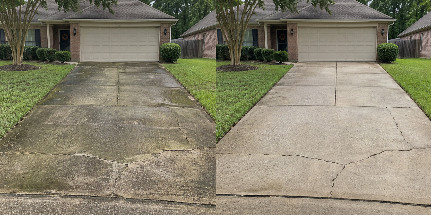 Illustrative before and after comparison of driveways, showing buildup on the left and a cleaned surface on the right