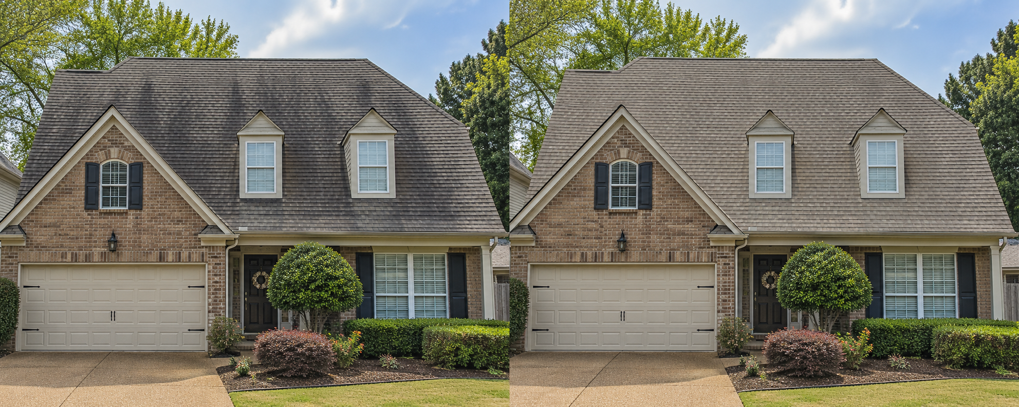 Illustrative before and after comparison of roofs, showing buildup on the left and a cleaned surface on the right